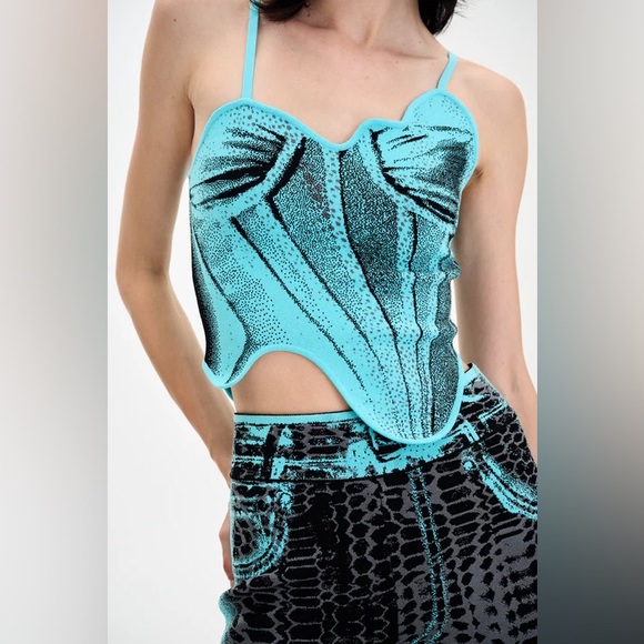 NWT PH5 Camellia Denim Print Tank Top Knit Corset Asymmetrical Blue Black Medium - Picture 3 of 12